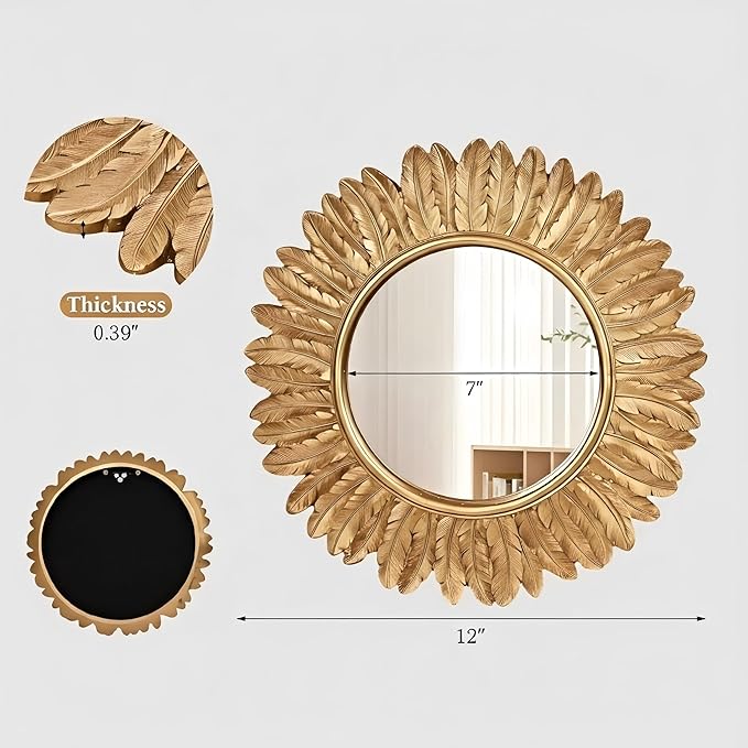 ZOROSY Gold Round Wall Mirror 12 inch - Small Wall Mirror Decorative, Boho Wall Decor for Living Room, Entryway, Bedroom,Hallway,House Warming Gifts