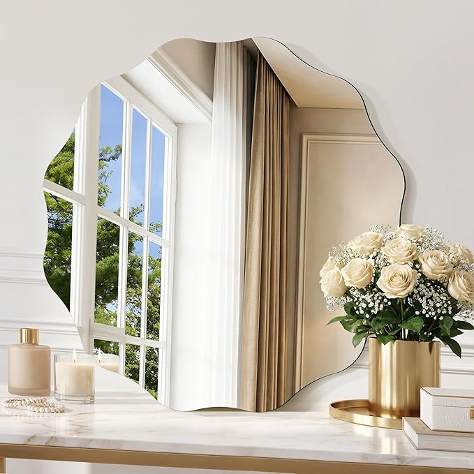 CILIBER Frameless Wavy Round Mirror, 20'' Scalloped Circle Wall Mirror, 3mm Tempered Glass Decorative Bathroom Vanity Mirror, Mounting/Leaning for Mantel, Living Room, Bedroom and Entryway