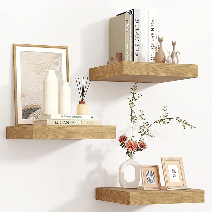 Square Floating Shelves for Wall 12"W x 12"D x 1.4"H, Small Engineered Wood Wall Shelves with Invisible Brackets for Living Room Bedroom Bathroom Office Kitchen Storage Decor, Oak Finish, Set of 3