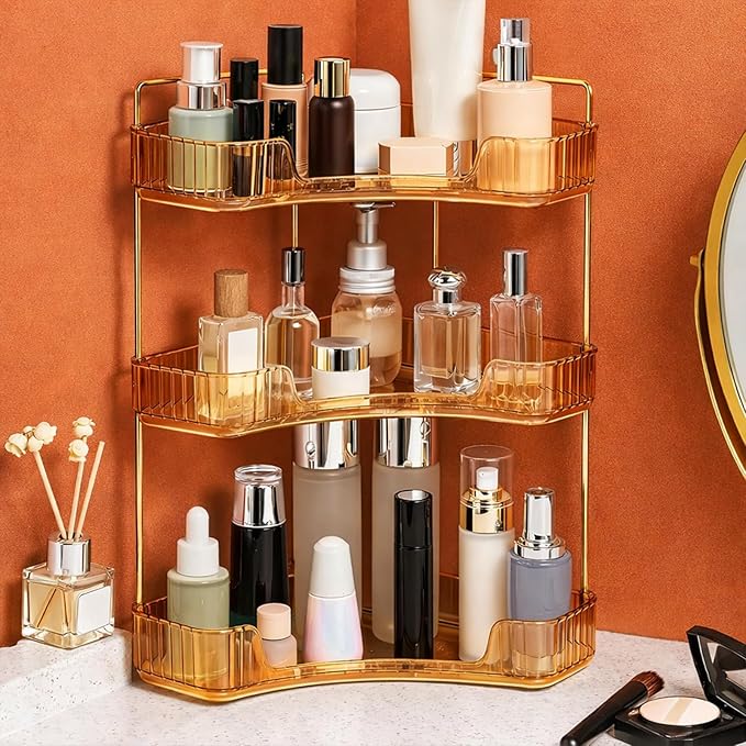 Multi-Tier Corner Countertop Organizer Rack, 3-Tier 90° Space-Saving Bathroom Counter Organizer, Tool-Free Makeup and Skincare Shelf for Vanity, Dresser, Kitchen and Toiletries (Gold-3tier)