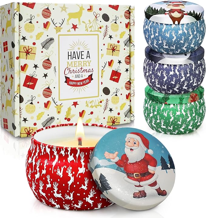 Christmas Candle Gift Set for Women, 4 Pack Long Lasting Soy Wax Candles with Lavender, Cookie, Fir & Cinnamon Apple Scents, Aromatherapy Candles for Home, Perfect Holiday Gifts