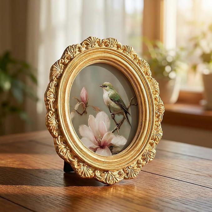 Small Vintage Bird Spring Round Picture Frame Wall Decor, Pink Flower Gold Mini Ornate Photo Frame for TableTop Desk 2.7in Photo,Rustic Farmhouse Framed Artwork for Walls Office Bedroom Shelf