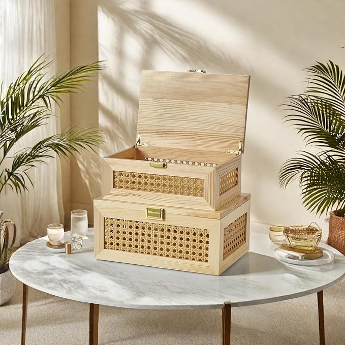 Decorative Rattan Storage Boxes Solid Wood Woven Baskets Bins with Lid Keepsake Memory Jewelry Box Natural Boho Shelf Wicker Closet Desk Organizer Container (Light Wood, Large Size)
