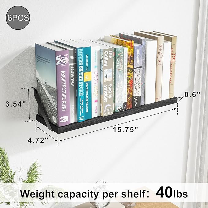 SRIWATANA Floating Shelves for Wall Decor, Wood Wall Shelves for Bathroom, Bedroom, Kitchen, Living Room, Set of 6 (Weathered Black)