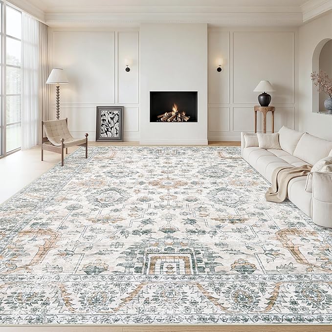 XLUEZ Area Rug 9x12 Living Room Rug, Machine Washable Vintage Distressed Boho Area Rug Non-Slip Soft Low Pile Large Indoor Rugs for Bedroom Kitchen Dining Room Office(Brown Green,9'x12')