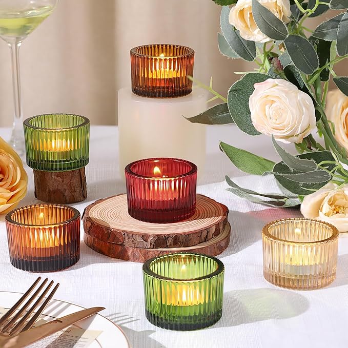 HAVITI 24 Pack Tealight Candle Holders, Multicolor Votive Tea Light Candle Holder Glass for Gold Centerpieces Fall Wedding Table Decor Home Decor