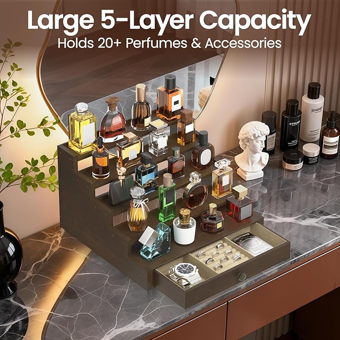 MODOWEY Perfume Organizer Cologne Holder Stand for Men, Wooden Wide-Spaced Shelf with Drawer, 5 Tier Large Capacity Storage Rack for Dresser Countertop, for a Neat, Accessible Fragrance Display, Brown