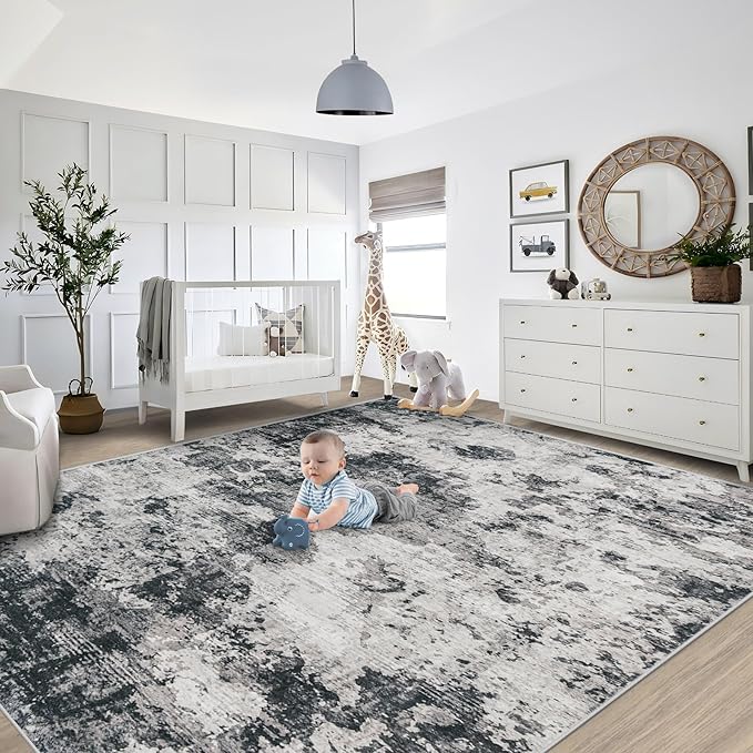 XLUEZ 8x10 Area Rugs for Living Room, Washable Modern Abstract Large Area Rug Neutral Soft Non Slip Kids Rug Stain Resistant Indoor Carpet for Bedroom Nursery Dining Room Playroom(Black, 8'x10')