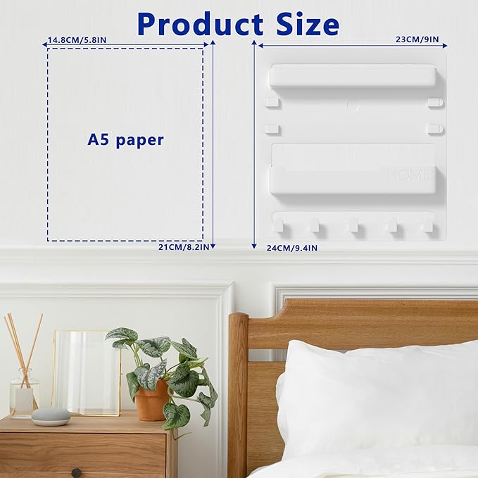 Bedside Wall Mount Organizer,Bedside Wall Shelf Accessories Floating Shelves Stick On for Bedroom Storage Organization,Aesthetic Room Dorm Decor for Girls,Cute Stuff for Teens,5 Hooks-White