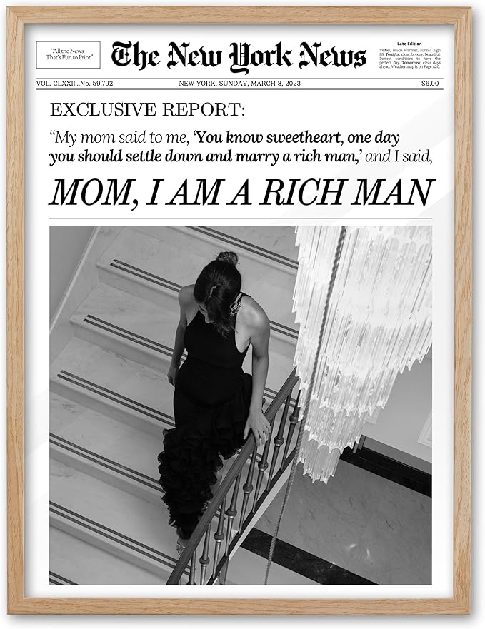 EcoHest Trendy Newspaper Framed Wall Art, Large 16x20 in OAK Wood Mom I Am a Rich Man Canvas Art, Magazine Girly Poster College Dorm Decor, Beige Logs Set of 1 for Bedroom Living Room