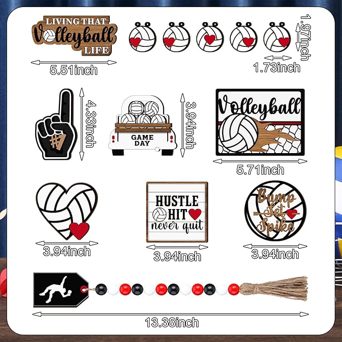 13 Pcs Volleyball Tiered Tray Decor Wooden Volleyball Table Centerpieces Decor Rustic Wooden Sport Game Sign for Fans Theme Party Supplies