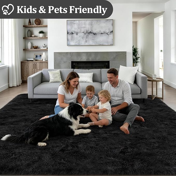 Fluffy 5x7 Area Rugs for Living Room Bedroom: Ultra Soft Shag Rug Non-Slip Non-Shedding Small Plush Bedside Rug Indoor Floor Carpets for Kids Room Playroom Entryway Nursery Dorms Home Decor Black