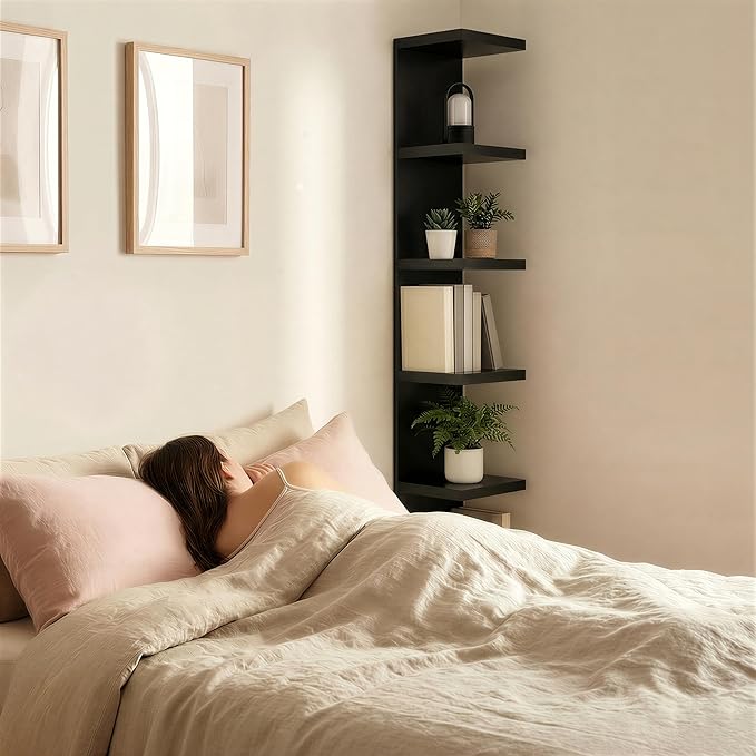 7 Tier Wall Shelf Unit & Lack Shelf, Versatile Floating Shelves for Wall, Bedroom Book Shelf, Vanity Display Shelves, Tall Decorative Shelving Unit, Long Shelves for Storage Black