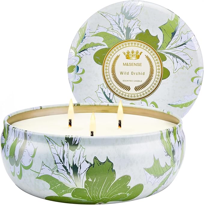 M&SENSE Wild Orchid Scented Candles, Large 3 Wick Soy Tin Candle, Over 40 Hour Burning Time, 100% Natural Vegan Wax, Relaxing Aromatherapy Aesthetic Candle Gift for Women and Men
