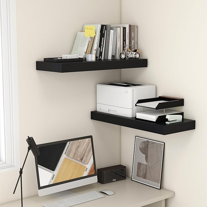 FLYJOE 30 Inch Floating Shelves | 12 Inch Deep Black Floating Shelves Set of 2 | 30" W x 12" D Rustic Wood Shelves for Wall | Deep Black Shelves for Living Room Bathroom Laundry Room Kitchen