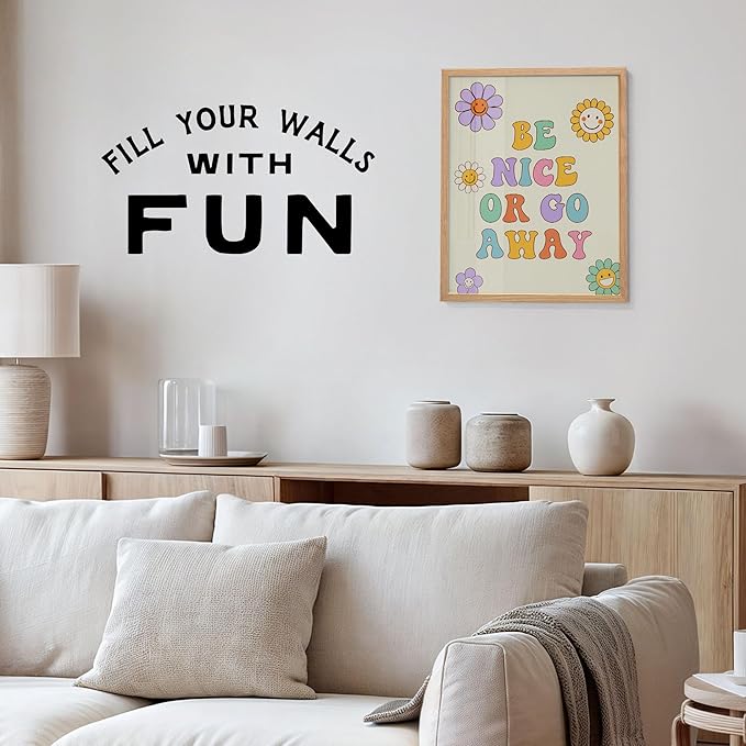 Retro 70s Wall Art 11x14 - Groovy Flower Smiley Face Poster with Positive Quote - Teen Girls Bedroom Decor - Colorful Hippie Room Decoration - Vintage Style Print for Girly Bedroom - Unframed