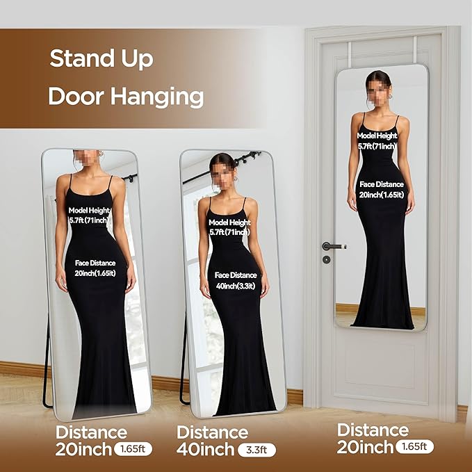 NARCISSUS 57x20 Mirror Door Hanging Full Length Body with Floor Stand or Wall Mounted Metal Aluminum Frame Tempered Glass Rectangle Mirrors for Bedroom Dressing Living Room Bathroom 57 inch Silver