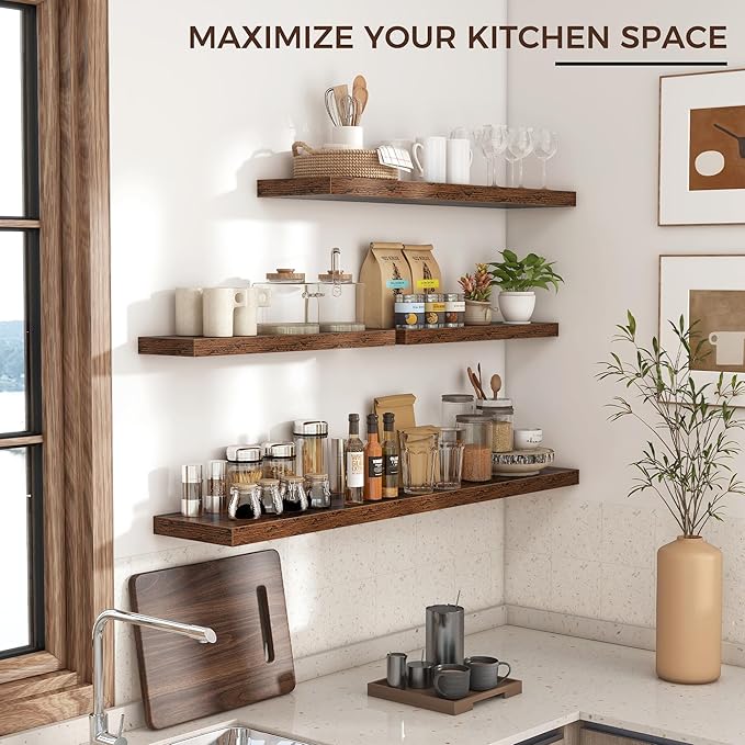 Floating Shelves for Wall 24 inch Long, Engineered Wood Wall Shelves with Invisible Brackets for Living Room Bedroom Bathroom Office Kitchen Decor and Storage, Rustic Brown Finish, Set of 2
