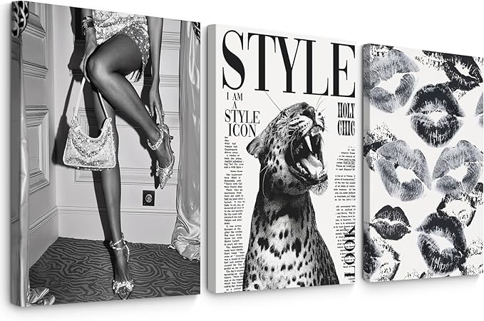 Trendy Leopard Wall Art Black and White Cheetah Canvas Wall Decor Fashion Preppy Room Poster Vintage Y2k Aesthetic Prints Funky Heels Lips Pictures Artwork for Girl Bedroom 16x24x3 Inch Wrapped Canvas