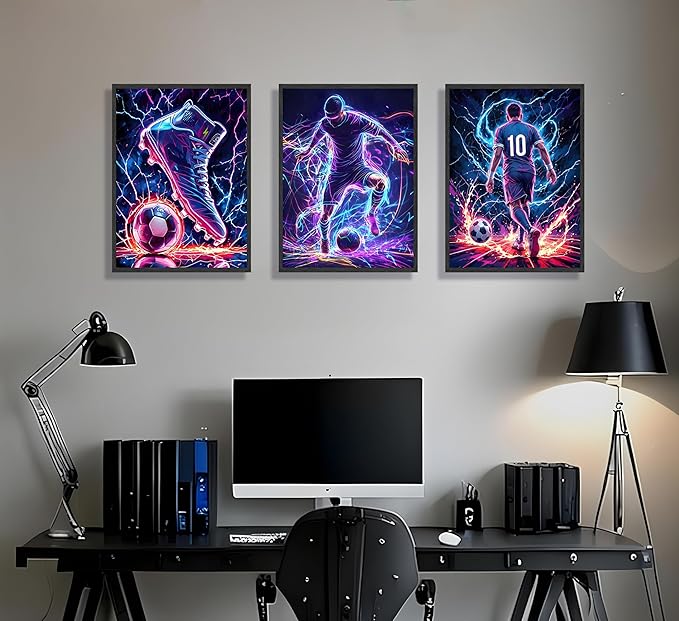 FJKLRP 3pcs Neon Lightning Soccer Canvas Wall Art Football Wall Decor with 10 Number Player Paintings posters Trendy Sports Artwork for Bedroom Living Room Fan Cave Game Room decor Unframed