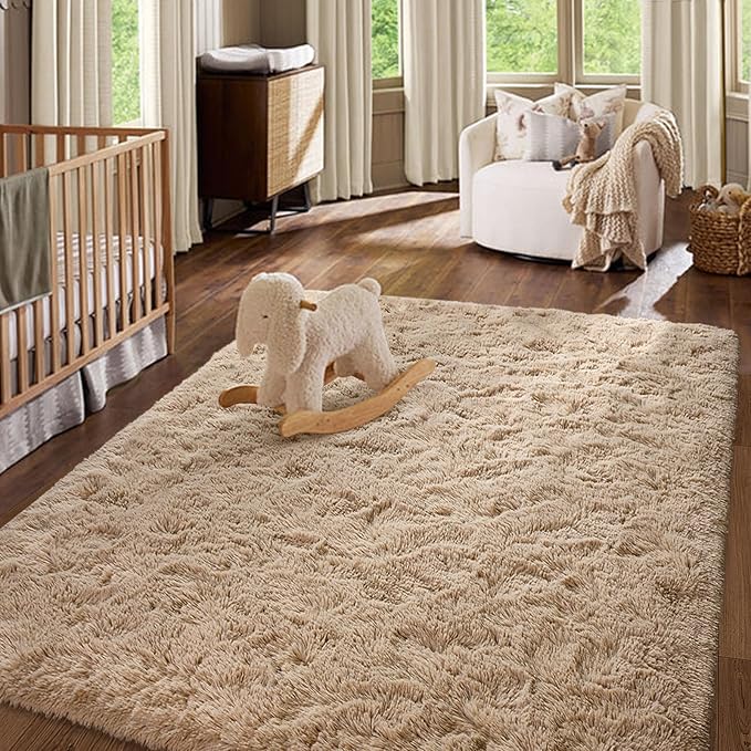 Bedroom Rugs Fluffy Neutral 4x6 Beige Area Rug, Modern Plush Non-Slip Soft Living Room Shag Carpet for Book Room Office,Coffee Stain Resistant