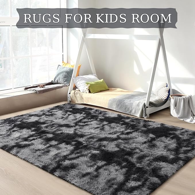 BENRON Fluffy Tie-dye Black Rugs for Living Room Bedroom 4x6, Soft Plush Fuzzy Shaggy Rugs for Kids Girls Boys Room Decor, Washable Indoor Floor Carpets