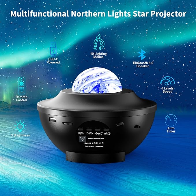 itayak Northern Lights Projector, Aurora Star Galaxy Projector Night Light for Bedroom/Ceiling/Party with Bluetooth Speaker, Soothing Mood Northern Light Lamp for Kids, Adults, Gift Idea