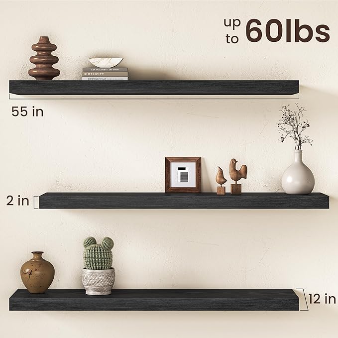 Black Floating Shelves 55Inch Long, 12 Inch Deep Floating Shelves for Wall, 55 x 12 Large Floating Shelf for Fireplace Mantel, 2" Thicked Rustic Wall Shelves for Living Room, Bedroom Storage, 2 Packs