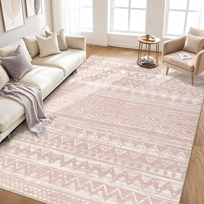 cotiled 9x12 Area Rug Living Room: Washable Boho Rugs with Non Slip Backing Large Soft Indoor Stain Resistant Carpet for Bedroom Farmhouse Dining Room Lightweight Home Decor Lotus Pink