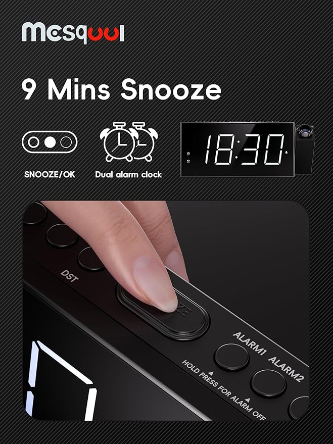 Mesqool Digital Projector Alarm Clocks for Kids Bedroom,Plug-in Clock with 180° Projection on Ceiling Wall,Dual Alarms for Heavy Sleepers,Battery Backup,USB Charging Port,Easy-to-Set,Dimmer,Snooze