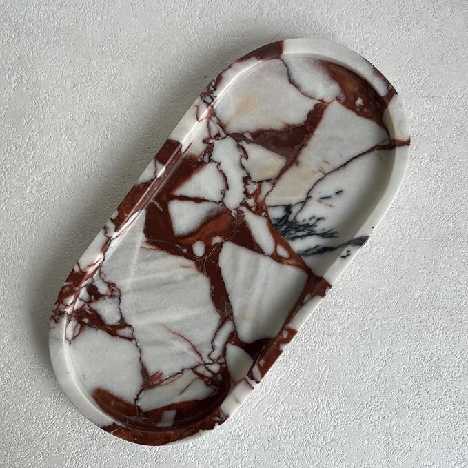 Natural Marble Oval Tray Ornaments Vintage Small Tray Storage Dish for Counter, Vanity, Dresser, Nightstand and Desk (Calacatta Red)