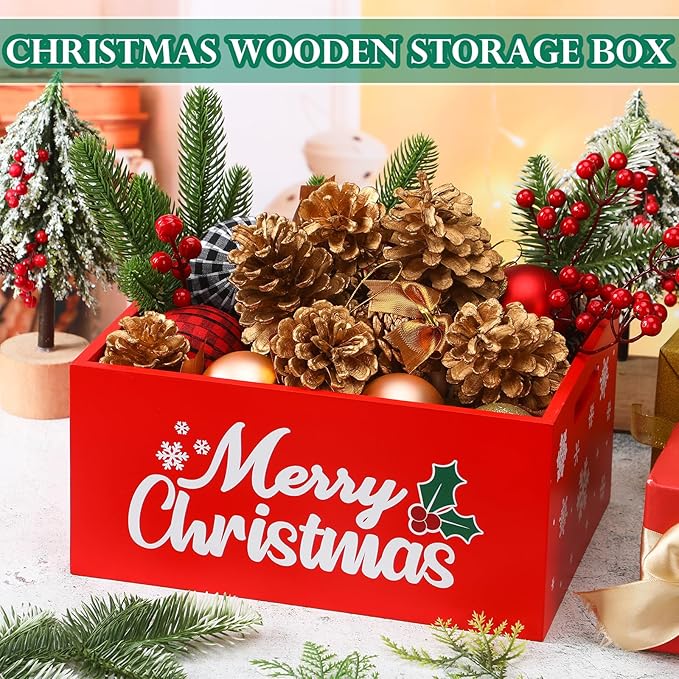 Namalu Christmas Hot Cocoa Bar Storage Box Wooden Crate with Handles Hot Cocoa Decorative Rustic Farmhouse Wood Basket Christmas Wood Storage Bins Organizer Bucket for Xmas Candy Dish Home(Red)