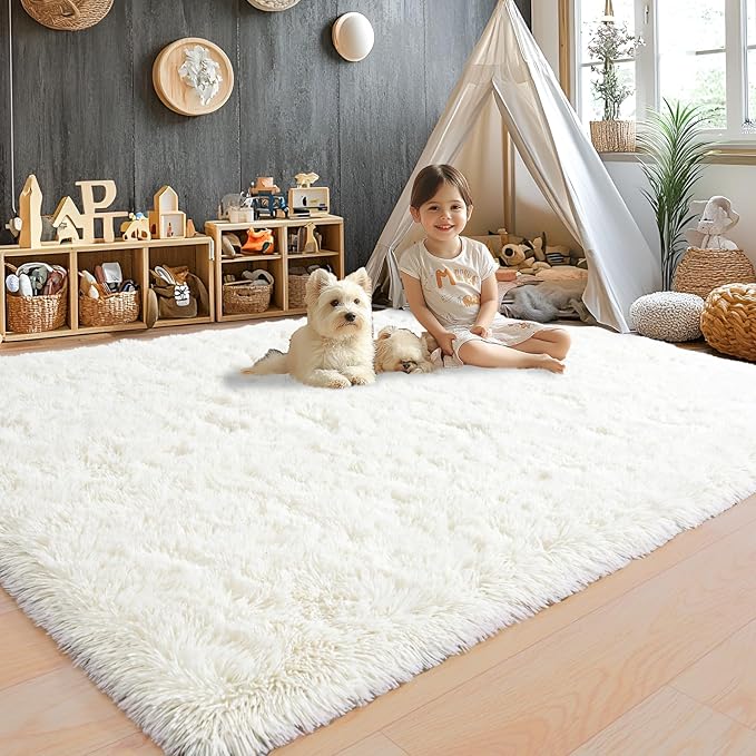 Area Rugs 10x14 for Living Room, Ultra Soft Fluffy Rugs for Bedroom, Non-Slip Furry Large Rug for Teen Girls and Boys,Nursery Kids Room Dorm Home Decor, High Pile Plush Floor Carpet, Cream White