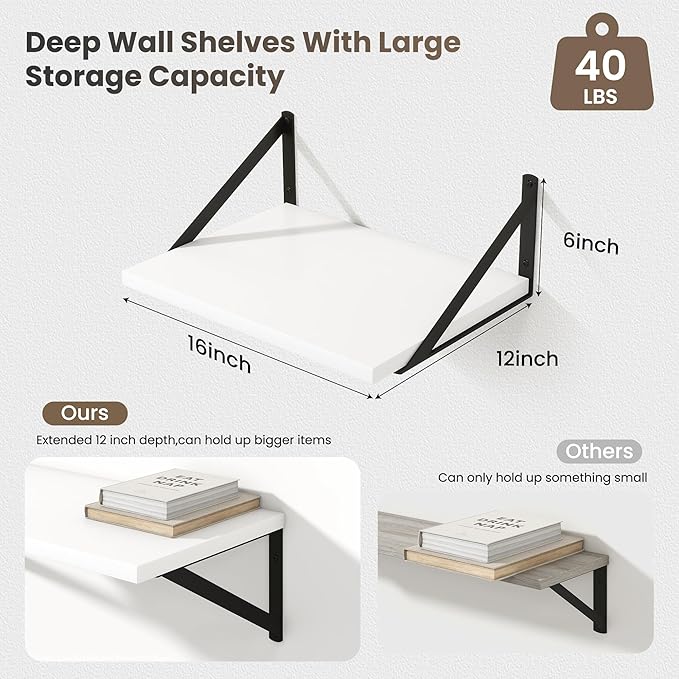 Marsmiles White Floating Shelves for Wall, 12 Inch Deep Wood Wall Mounted Shelves Set of 2, 16W x 12D Wide Floating Wood Shelves for Bathroom Bedroom Kitchen Living Room, White