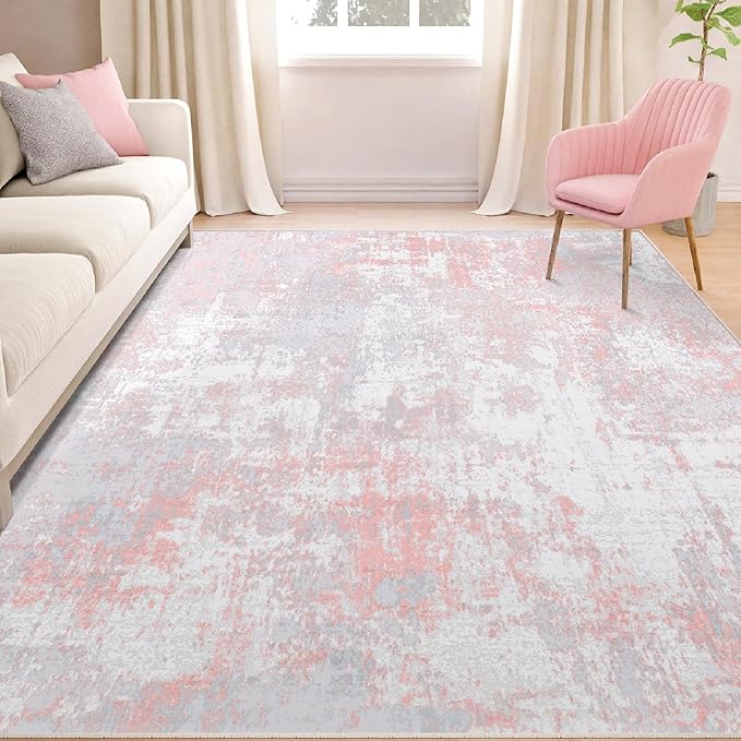 RELEANY Washable Area Rugs 6'x8' Non-Slip Modern Abstract Soft for Living Room Entryway Bedroom Nursery, Print Pattern, Grey Pink