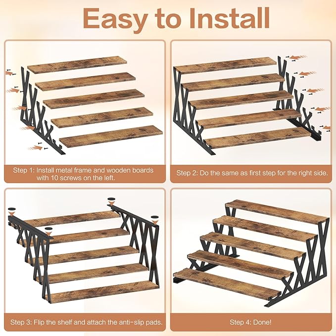 KALYLOC 5 Tier Wooden Display Riser Stand 13.8 Inch Metal Step Perfume Stand Organizer Tabletop Tiered Display Shelf Rack for Cologne Cupcake Spice Figures Cosmetics Candles (Brown, X-Shape)