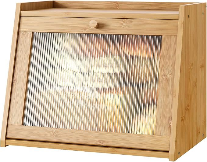 kiplant Large Bread Box for Kitchen Counter, Bamboo Bread Storage Container with Wavy Arcylic Transparent Door, Bamboo Wooden Farmhouse Bread Box for Your House