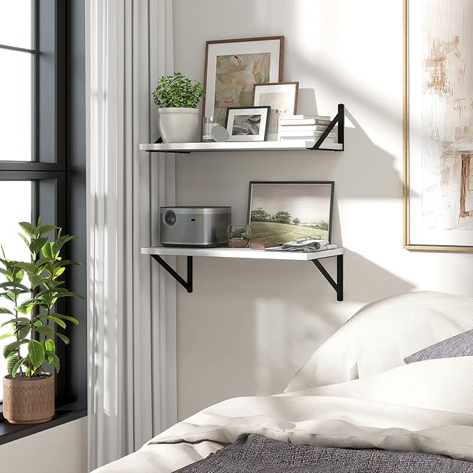 Marsmiles White Floating Shelves for Wall - 24 Inch Wide x 12 Inch Deep Wall Shelves Set of 2 - Wood Floating Shelves for Living Room Bedroom Bathroom