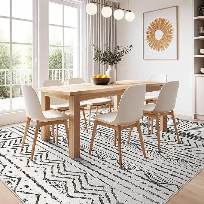 Nakagishi Black Rug for Living Room: 7x9 Washable Boho Large Neutral Soft Farmhouse Area Rugs Stain Resistant Modern Geometric Non-Slip Indoor Floor Carpet for Bedroom Playroom Office Dining Room