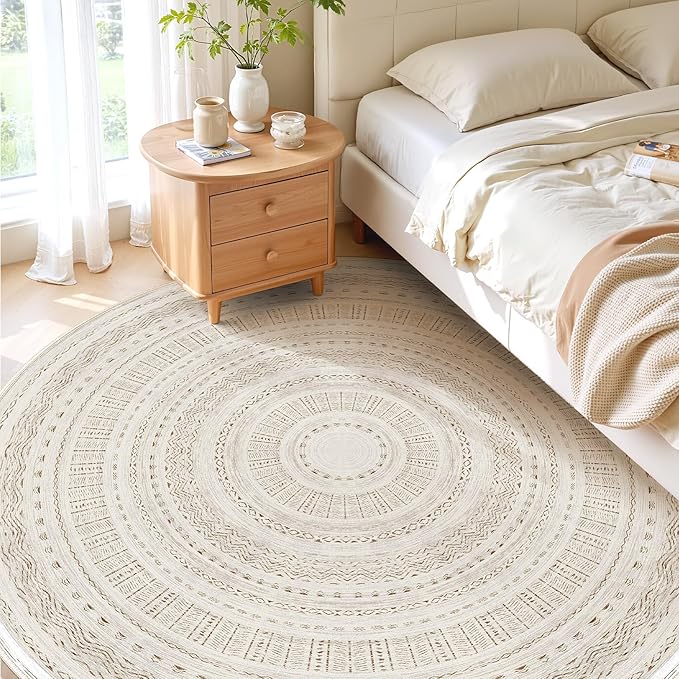 cotiled 8x8 Round Area Rug Living Room: Washable Boho Rugs with Non Slip Backing Large Soft Indoor Stain Resistant Carpet for Bedroom Farmhouse Dining Room Lightweight Home Decor Brown/Cream