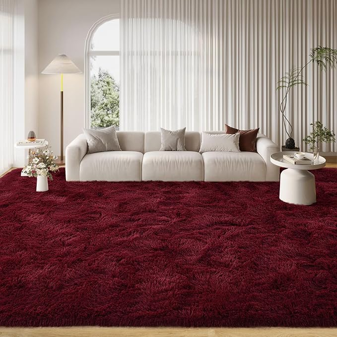 FinRèc 9x12 Feet Rugs for Living Room Bedroom, Red Fluffy Shag Area Rug, Non-Slip Plush Fuzzy Rugs for Nursery Kids Room Dorm Room Home Decor, Indoor Furry Floor Carpet