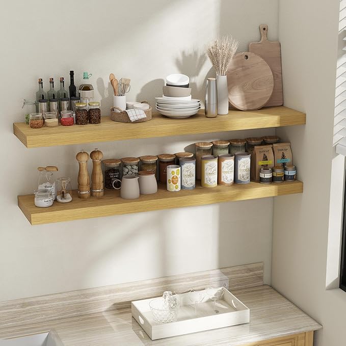 Fun Memories 55 Inch Fireplace Mantel Shelf, 12 Inch Deep Shelves for Display & Wall Storage, Rustic Wood Wall Shelf, Extra Long Floating Shelves for Bathroom Bedroom Living Room, Oak, 2 Pack