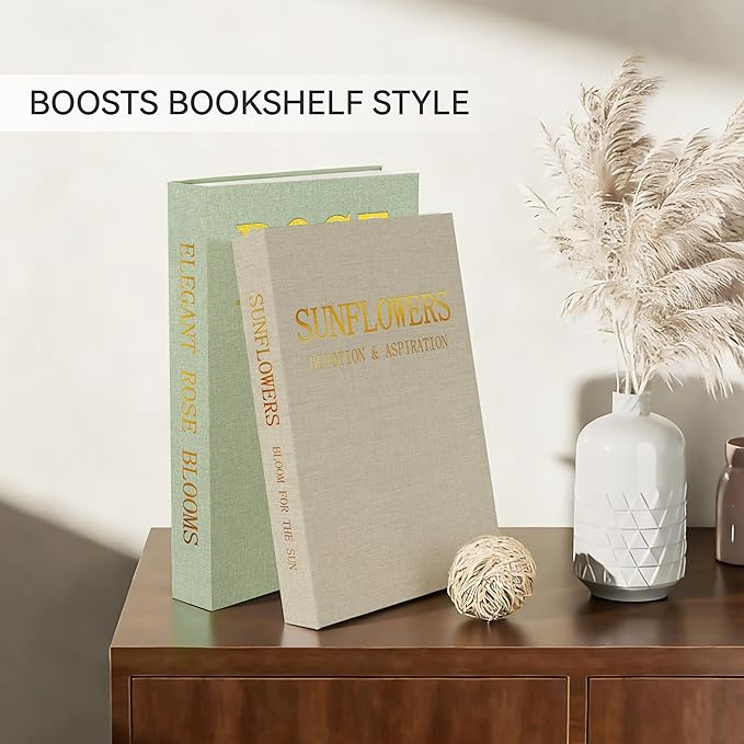 Premium Linen Decorative Book Box Set of 2 - Letter Gold Foil Embossed with Hidden Storage | Coffee Table, Bookshelf & Mantel Decor & Keepsake Organizer to Elevate Home Aesthetic,Green