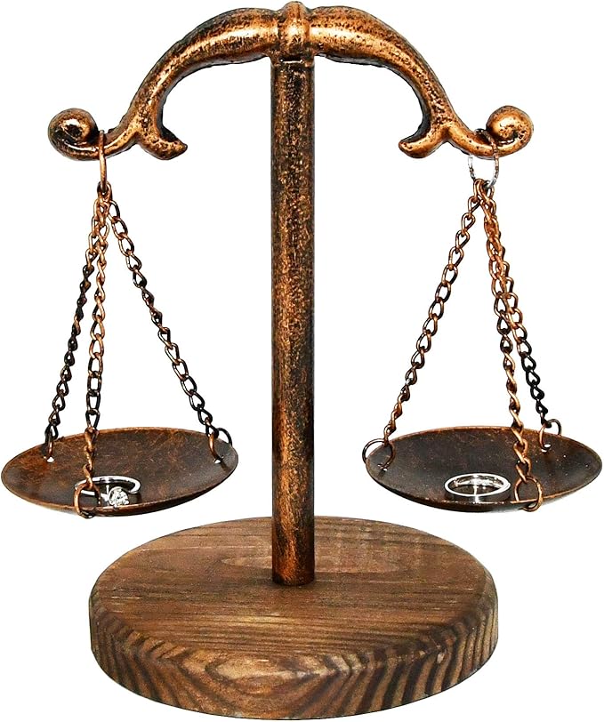Owlgift Vintage Style Metal Libra Jewelry Tower Tray w/Wooden Base Cosmetic Organizer Storage, Lawyer Scale of Justice, Farmhouse Candleholder, Home Décor Antique Weight Balancing Scale – Bronze