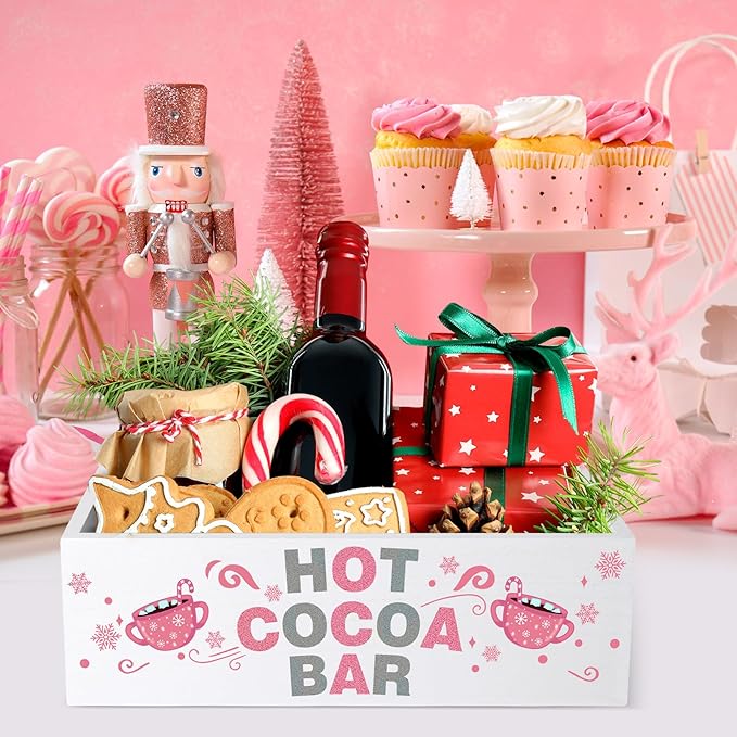 YLOLUL Hot Cocoa Bar Wood Storage Box Christmas Storage Bins Hot Chocolate Bar Supplies Organize 3D Open Holder Box Wooden Organizer Bins Tabletop Organizer for Xmas Gift Party Home Kitchen Office
