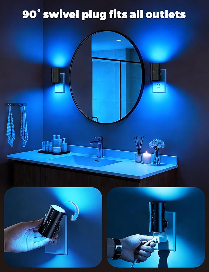 fesnne Night Light, 2-Pack Dimmable Plug-in Night Light with Auto On/Off & 90°Rotatable Plug, 0-100LM Adjustable Brightness, 1W Ultra Low Energy for Bedroom, Hallway, Bathroom, Nursery, Kids, Blue