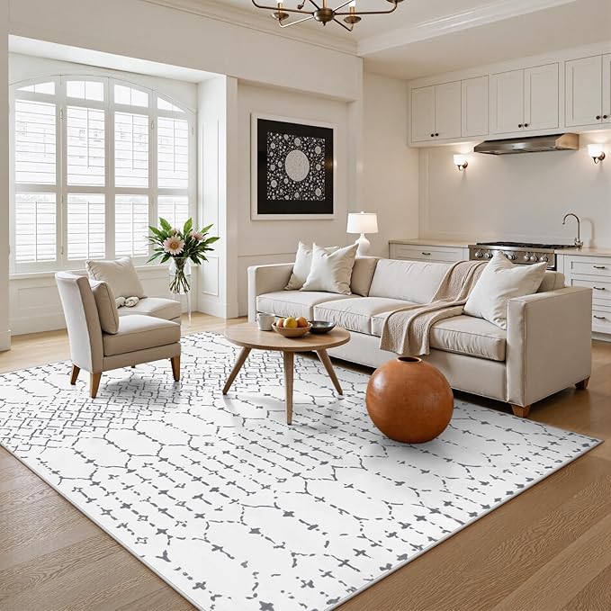 Lahome Moroccan 8x10 Rugs for Living Room - Non-Slip Washable Ultra-Thin Large Rug for Dining, Modern Geometric Print Indoor Soft Carpet for Bedroom Office Hana, White