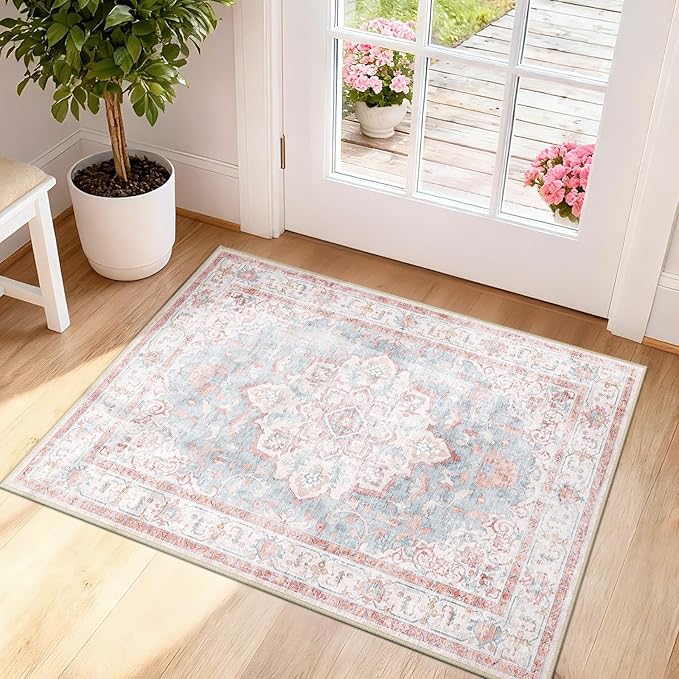 CAPALOCA Machine Washable Rugs Nursery Rug 2x3 Cute Girl Non Slip Low Pile Water Repellent Soft Print Pattern for Bedroom Indoor Decor Kids Playroom Pink Blue