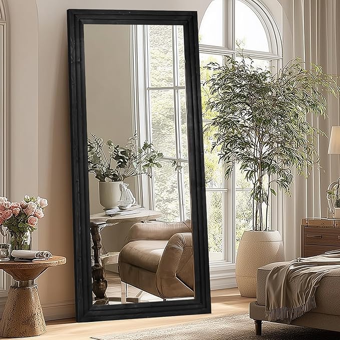 Full Length Wood Mirror 71x30 - Rustic Solid Wood Floor Mirror with Triple Layer Frame, HD Tempered Glass, Wall Mounted or Leaning Standing Mirror Vintage Black Mirror for Bedroom Bathroom Living Room