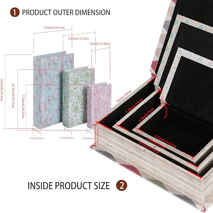 Wooden Book Box Set of 3 with Magnetic Closure and Vintage Floral Pattern Leather Cover Design, Non-Woven Fabric Interior, Decorative Secret Storage for Bookshelves and Home Office